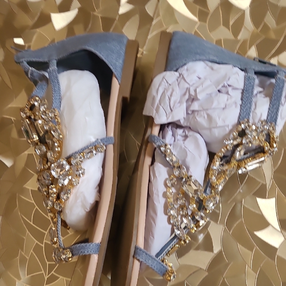 Shoe Dazzle Gold Crystal & Denim Gladiator Sandals - Picture 3 of 12